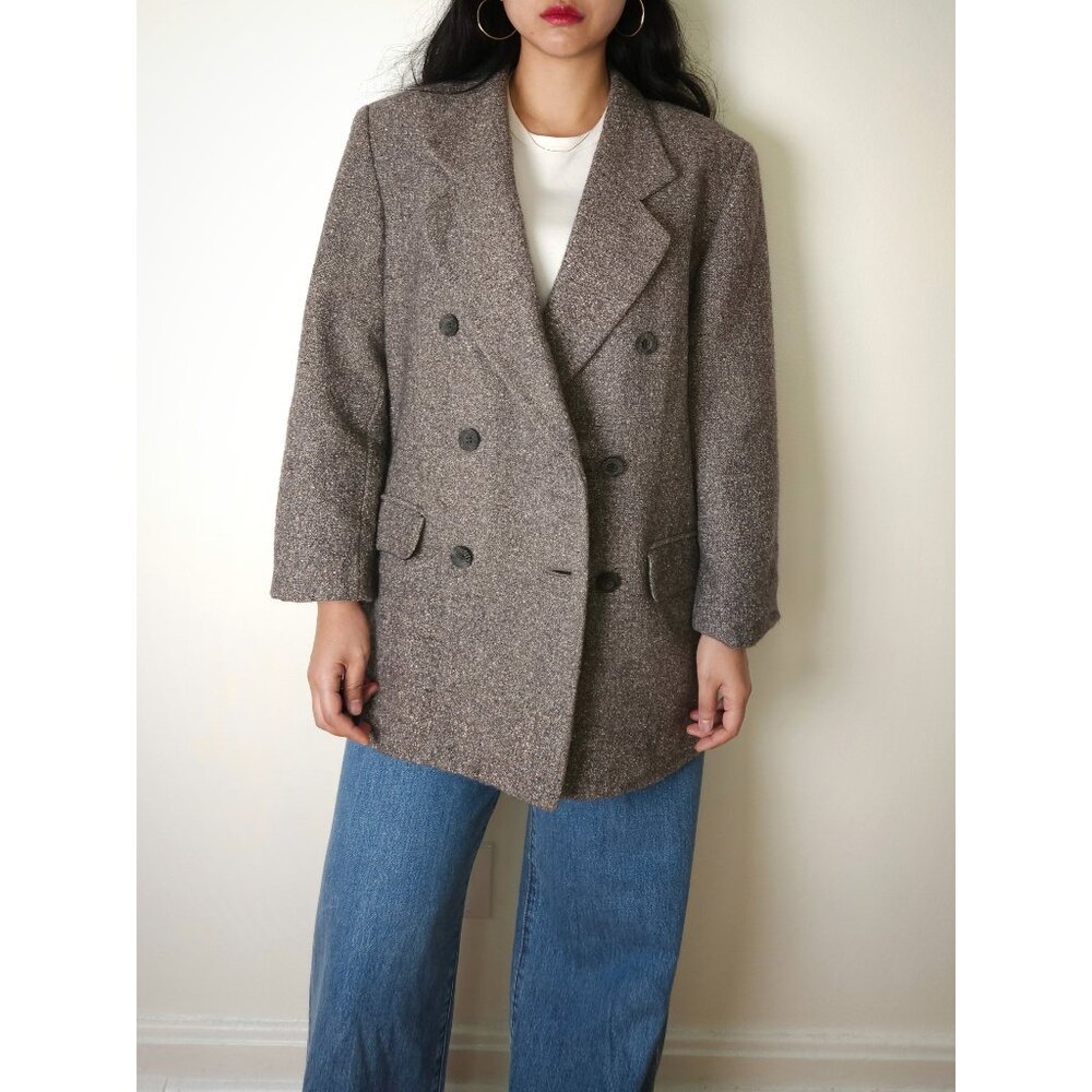 Vintage wool tweed double breasted oversized coat women grey/ shoulder pads coat